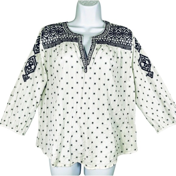 Liz Claiborne Top Women's PXL Poof Embroider Cotton White Black Popover Boho Hip - Picture 1 of 12